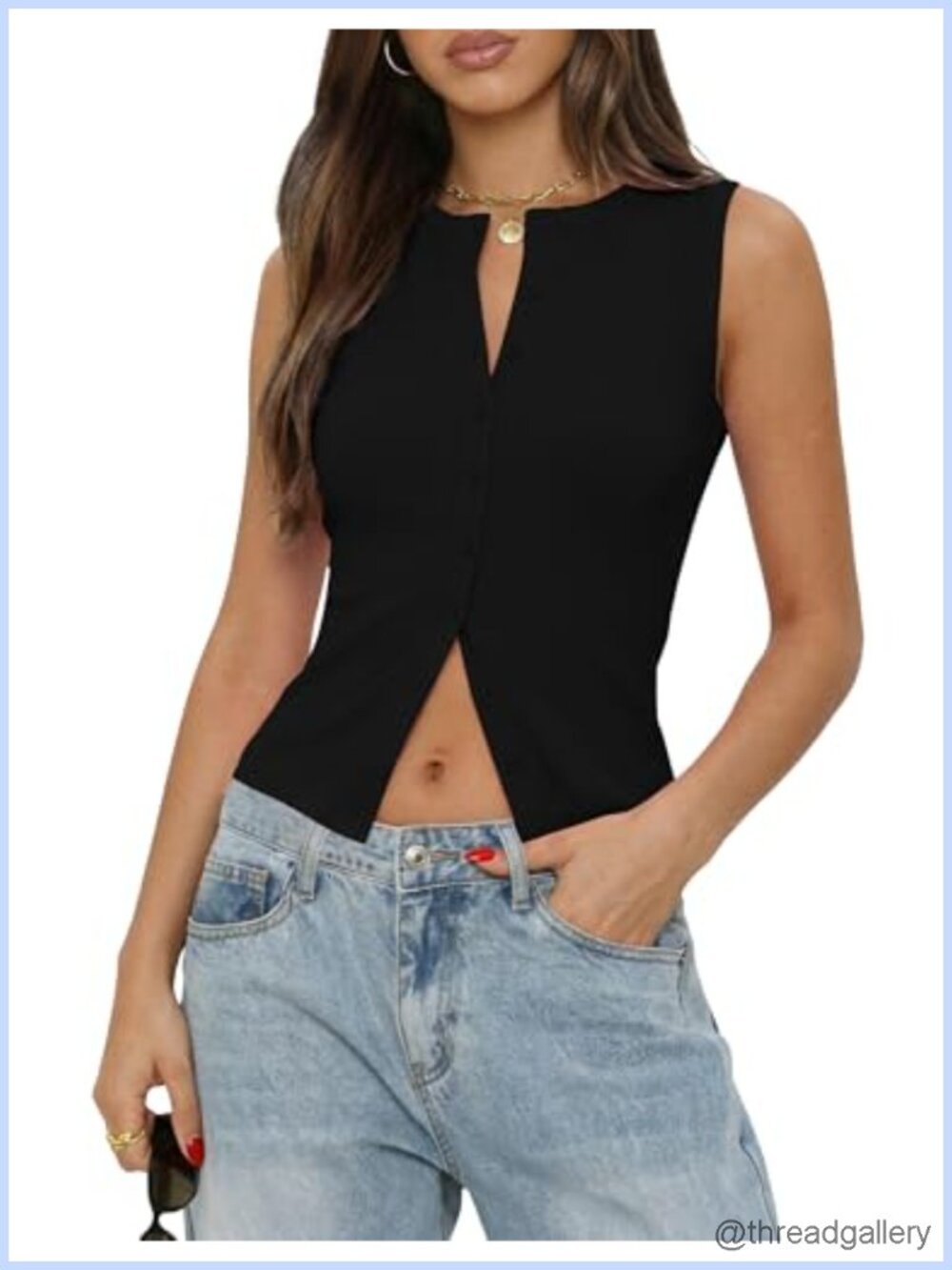 Ribbed Button Down Sleeveless Crop Top Y2K Slim Fit